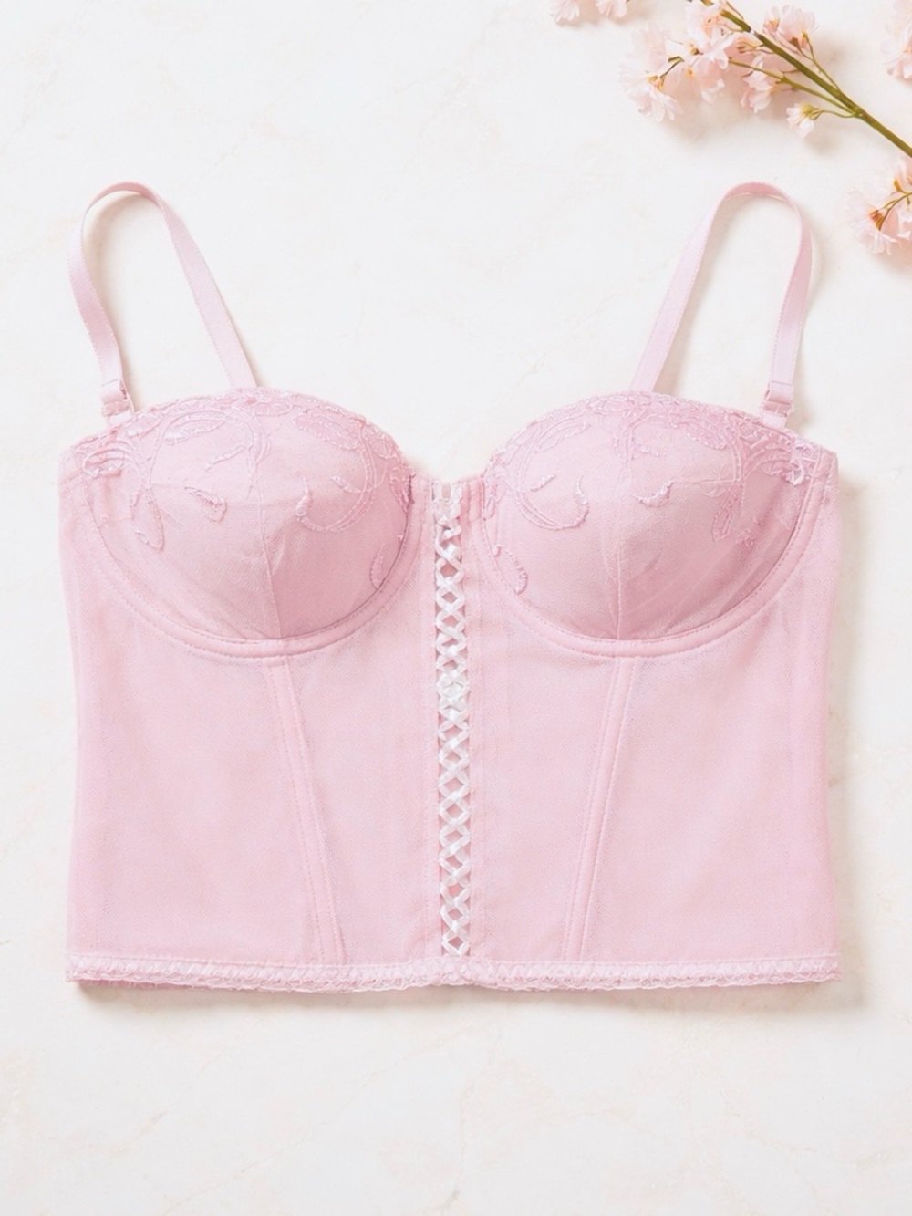 Vintage Lace Mesh Baby Pink Bra Corset